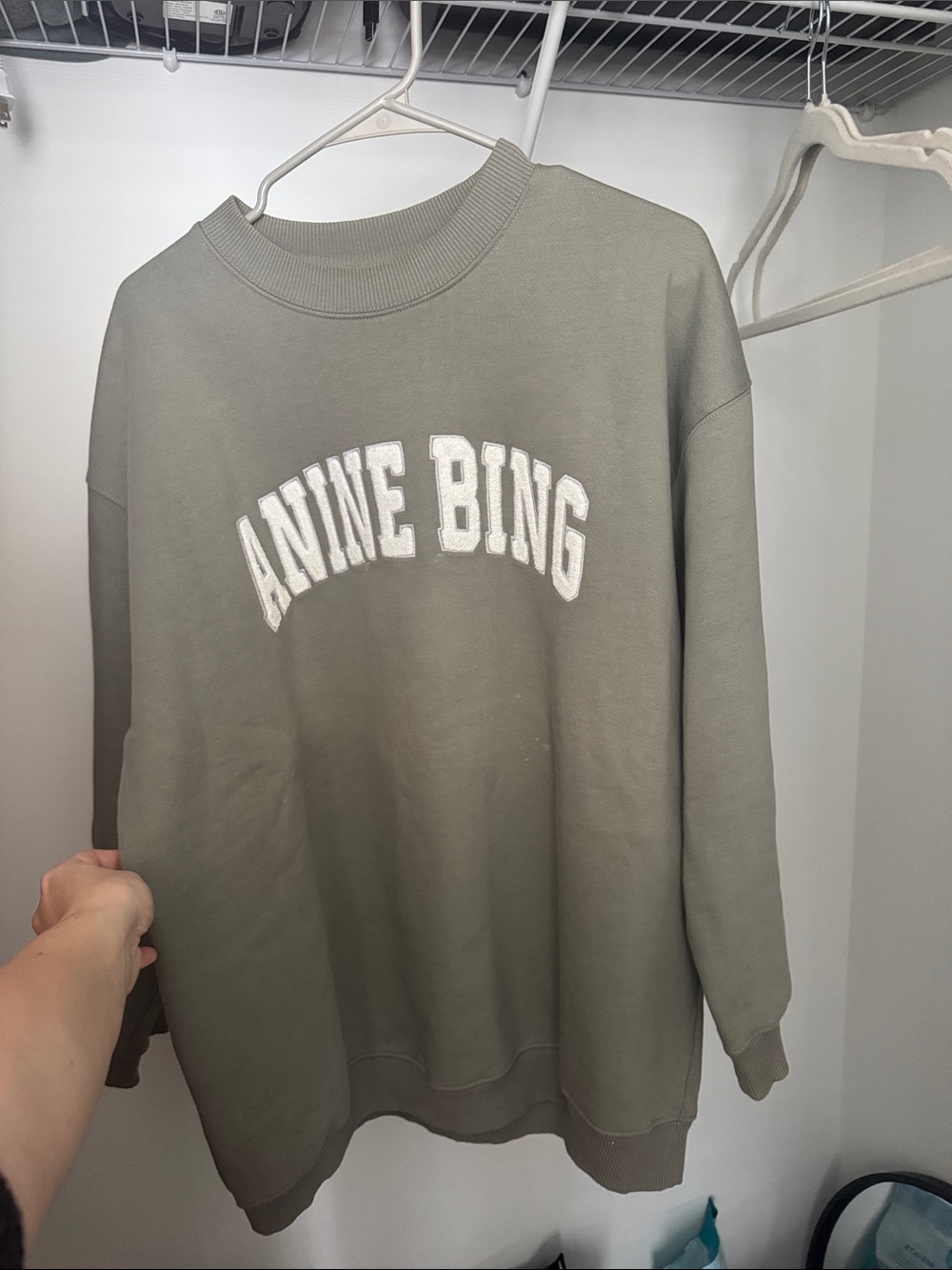 Anine Bing Olive Crewneck Sweatshirt with White Arched Logo